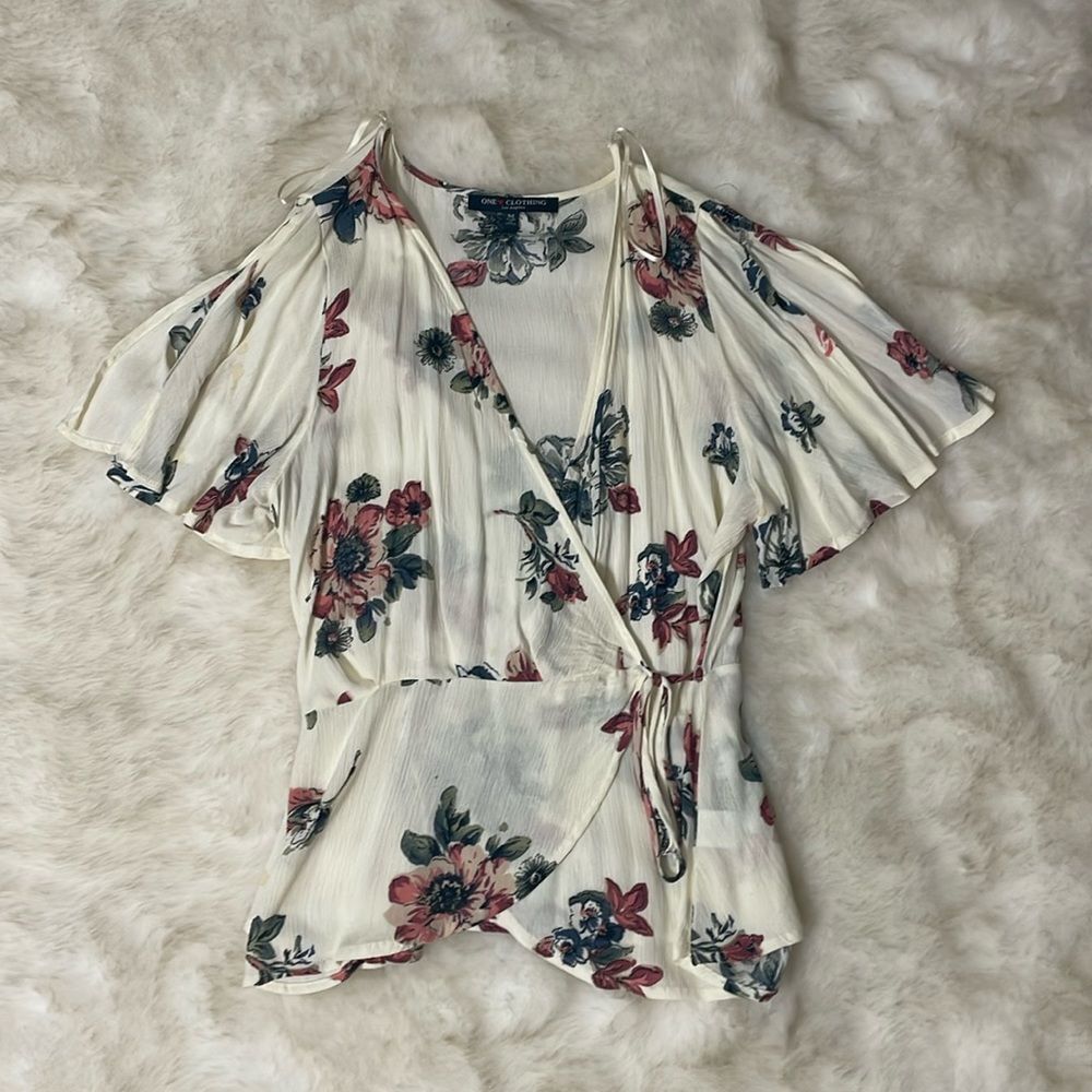 Floral Cream and Pink Garden Cross Over Blouse Shirt Top One Clothing
